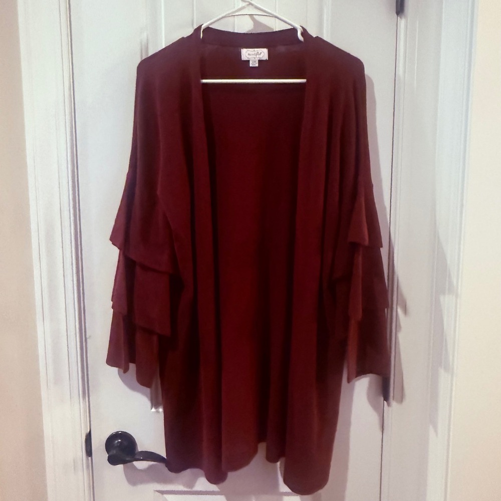 Mudpie Burgundy Tiered Ruffle Sleeve Open Front Cardigan S/M
